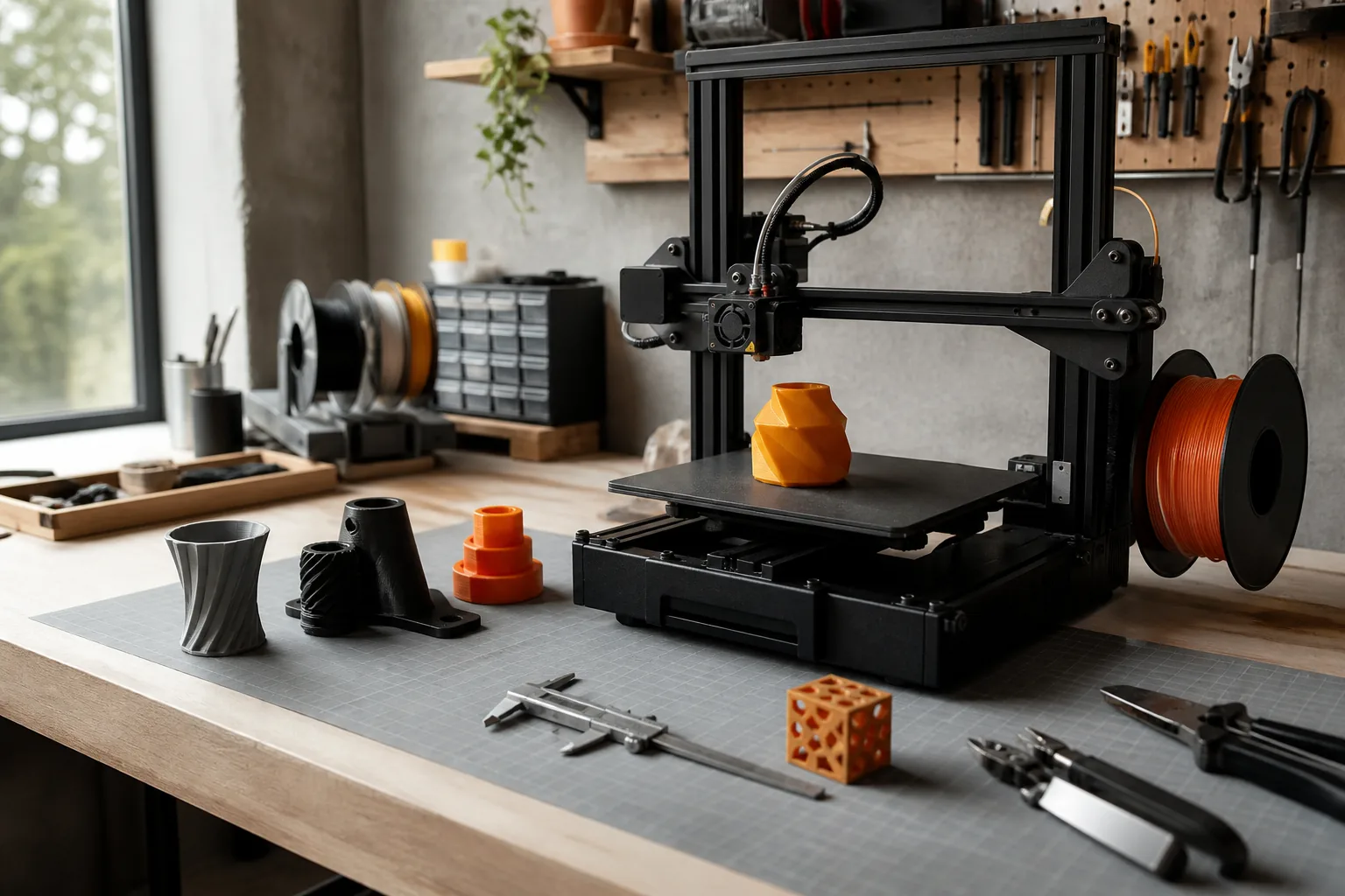 Impressora 3D de mesa produzindo um protótipo em uma pequena oficina