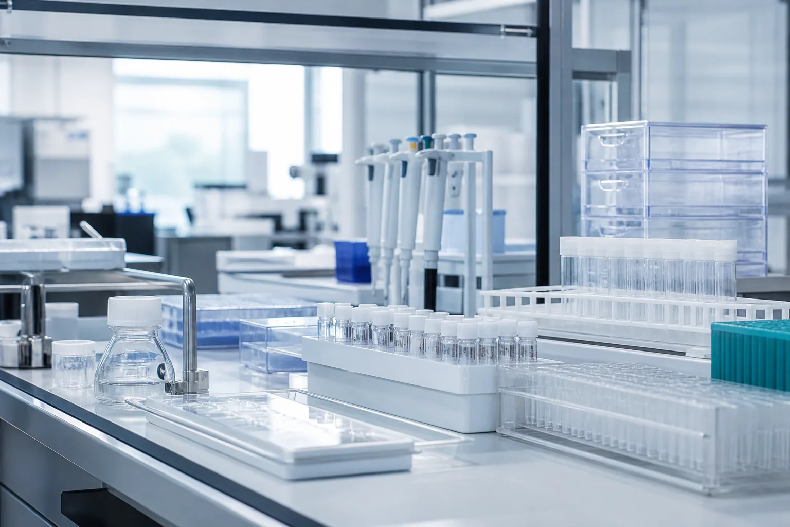 Bancada de laboratório de diagnóstico com racks de amostras e pipetas