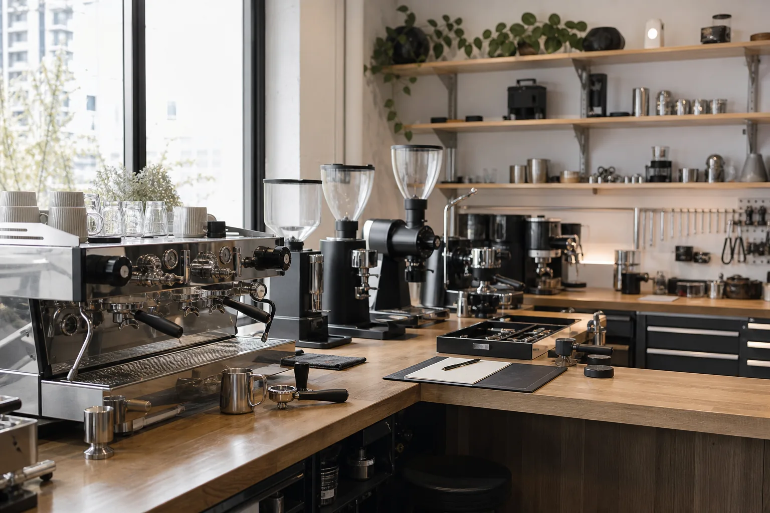 Equipamentos de café e máquinas de espresso em uma oficina de Vancouver