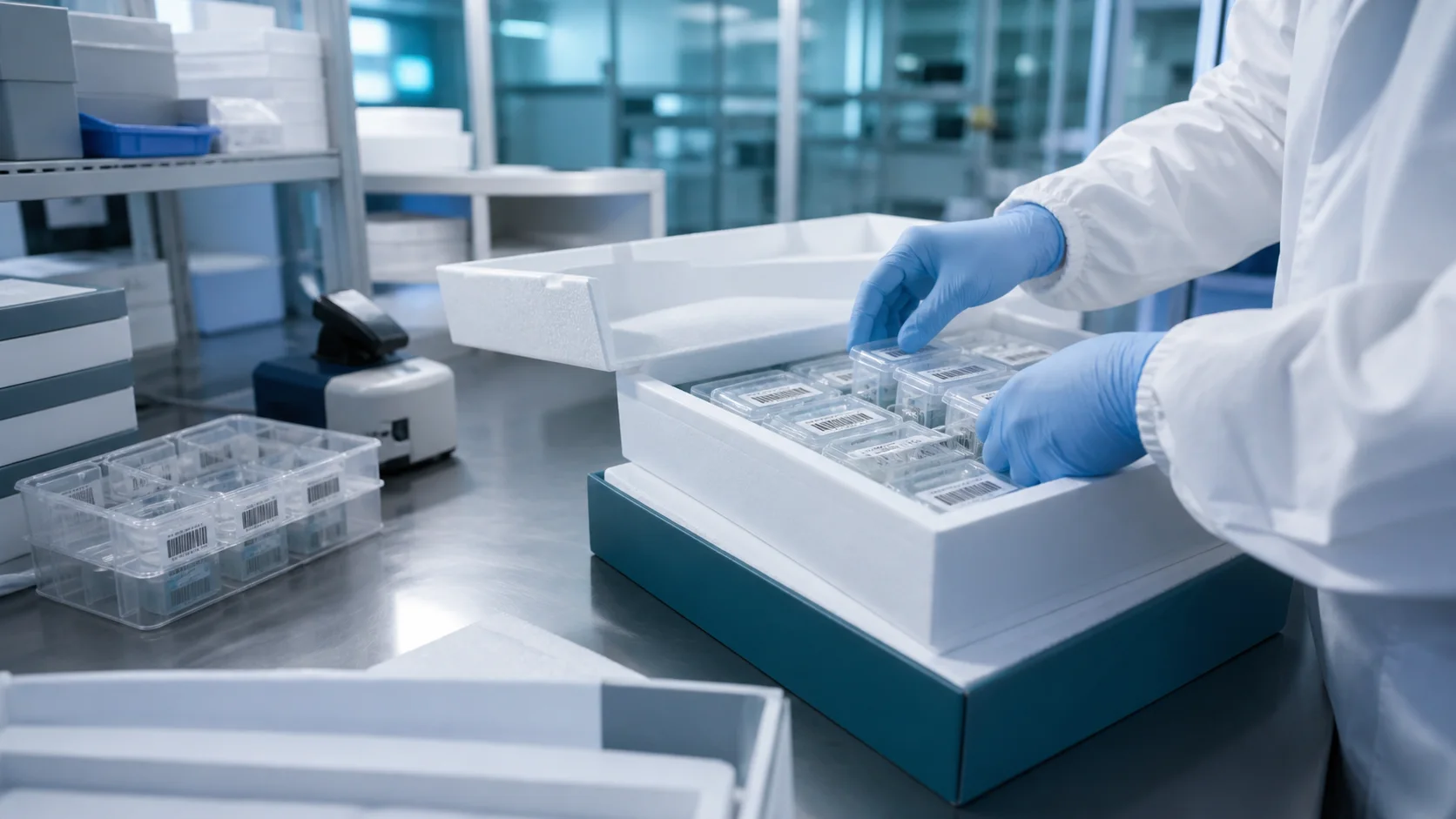 Mãos com luvas embalando amostras com controle de temperatura em um laboratório iluminado em azul